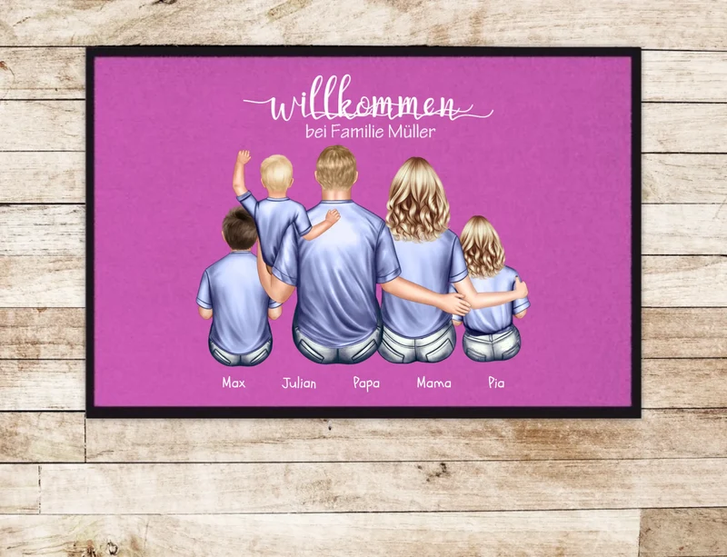Geschenk Familie | Personalisierte Fußmatte Familie Mama | Papa, 3 Kindern mit Name | Dekofußmatte
