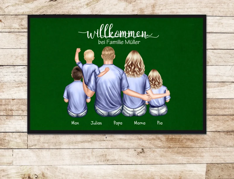 Geschenk Familie | Personalisierte Fußmatte Familie Mama | Papa, 3 Kindern mit Name | Dekofußmatte
