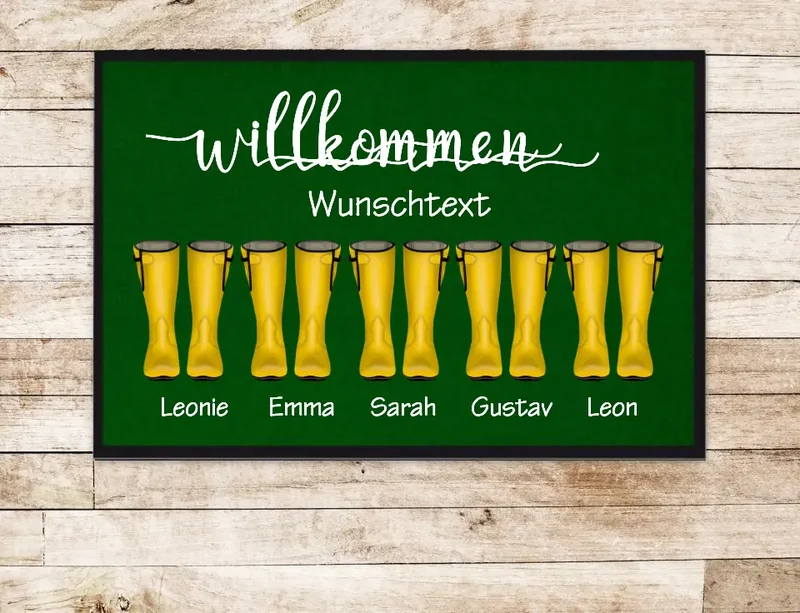 Personalisierte Fußmatte Geschenk Familie Fußabstreicher Gummistiefel mit Name Familienmitglieder Wunschtext