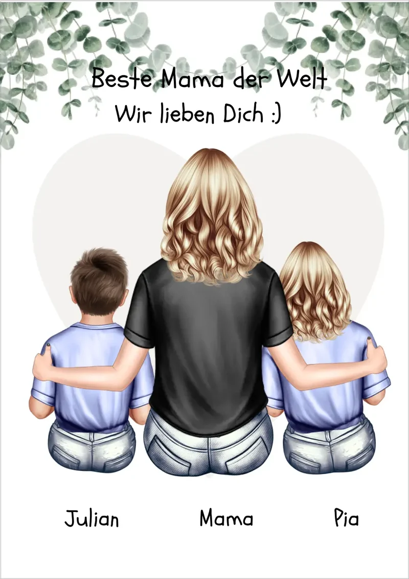 Muttertagsgeschenk - Personalisiertes Poster mit Mama und 2 Kindern