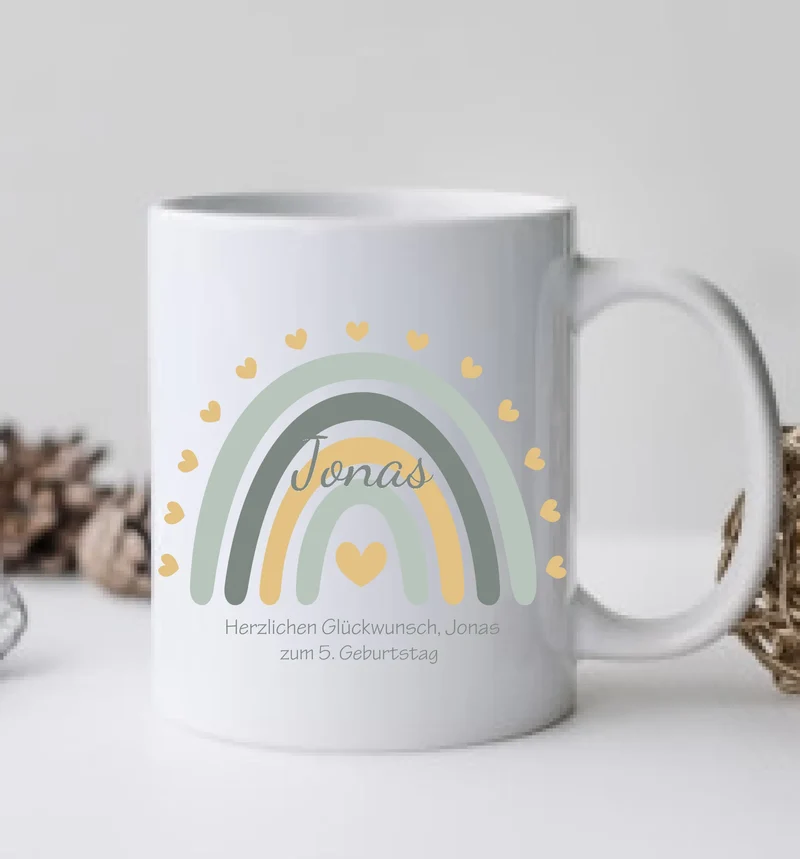 Kindertasse Regenbogentasse mit Wunschtext & Namen - Personalisierte Tasse Geschenk, Einschulungsgeschenk, Geburtstagsgeschenk