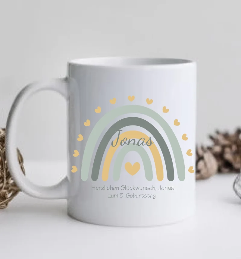 Kindertasse Regenbogentasse mit Wunschtext & Namen - Personalisierte Tasse Geschenk, Einschulungsgeschenk, Geburtstagsgeschenk