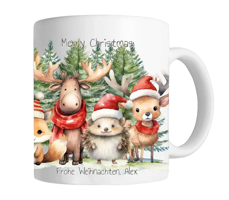 Weihnachtsgeschenk Kind, Junge, Mädchen personalisiert - Weihnachtstasse, Nikolaustasse mit Waldtieren und Tannenbäumen, Namen und Text gestalten