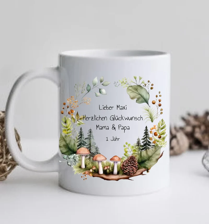 Kindertasse Wald, Natur, Personalisierte Tasse Geschenk, Geburtstagstasse mit Namen und Text