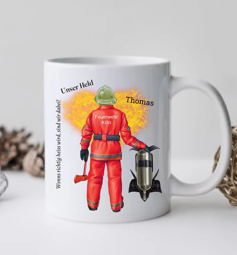Personalisierte Feuerwehr Tasse mit Namen & Spruch – Geschenk für Kollegen & Feuerwehrmann
