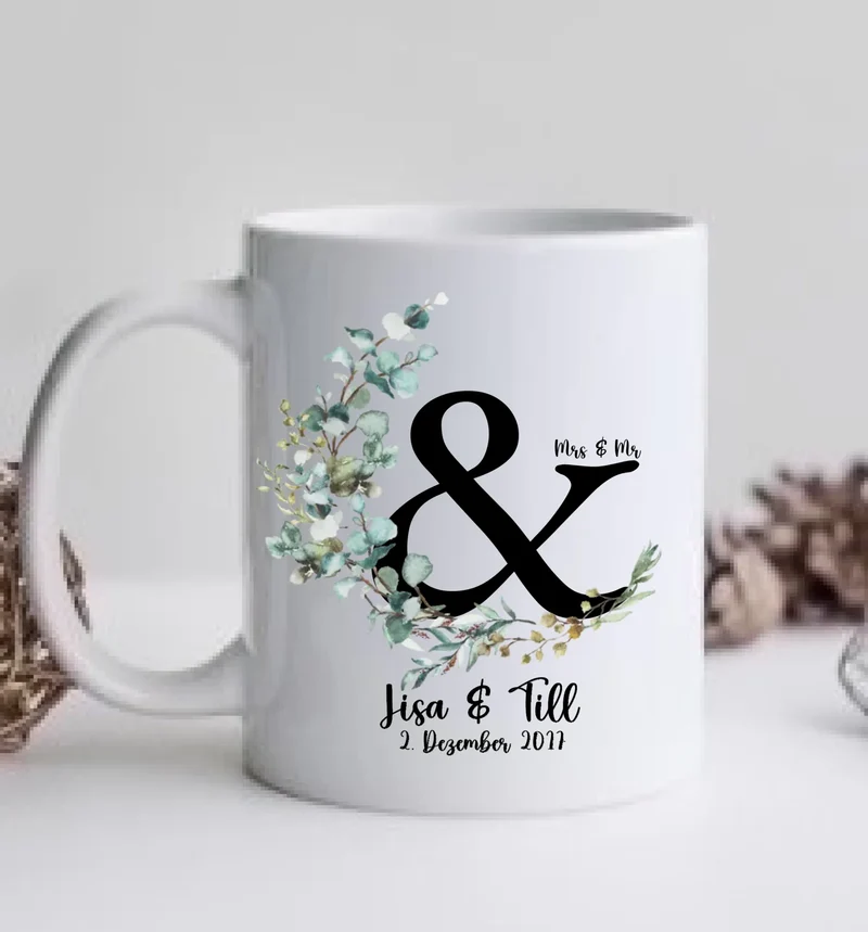 Personalisierte Hochzeitstasse Hochzeitsgeschenk Kranz Brautpaar, Kaffeebecher - Geschenk Hochzeit