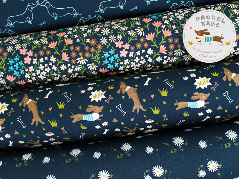 Reststück 39cm - Baumwolljersey Dackel Kalle weiß auf Nachtblau by Christiane Zielinski