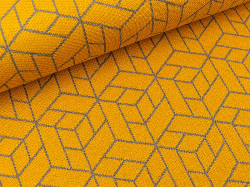Reststück 37cm - Jacquard Jersey Cozy Geometrik grau auf Goldgelb by Lycklig Design