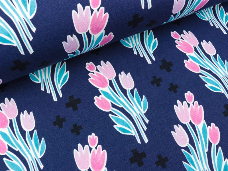 Reststück 23cm - Hamburger Liebe Baumwollsweat Life Loves You Bouquet blue navy-bunt