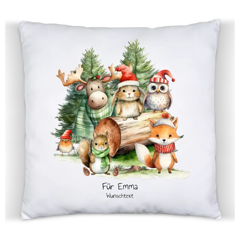 Nikolausgeschenk, Weihnachtsgeschenk kuscheliges Kissen Geschenk mit Waldtieren für Mädchen & Junge mit Namen und Wunschtext personalisierbar