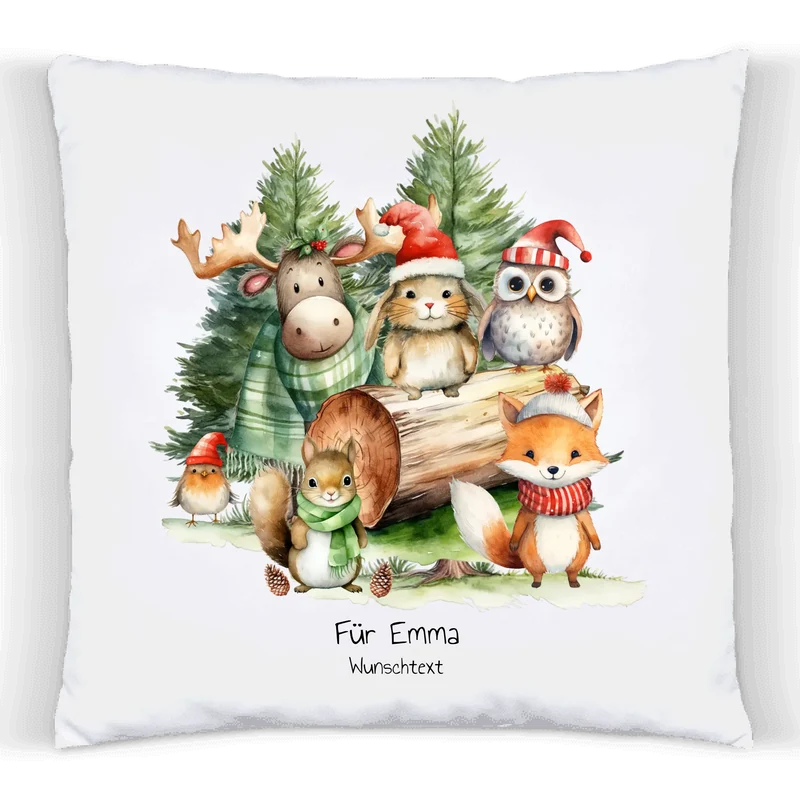 Nikolausgeschenk, Weihnachtsgeschenk kuscheliges Kissen Geschenk mit Waldtieren für Mädchen & Junge mit Namen und Wunschtext personalisierbar
