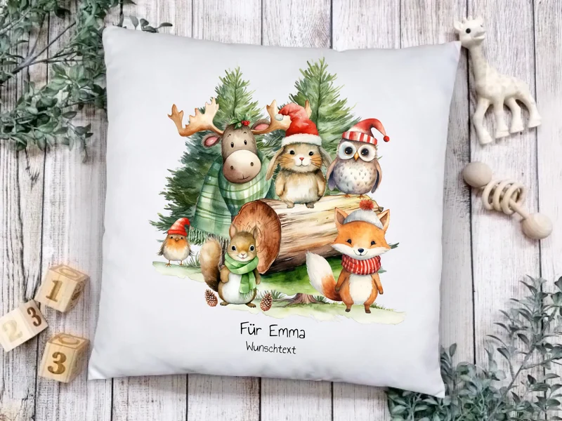 Nikolausgeschenk, Weihnachtsgeschenk kuscheliges Kissen Geschenk mit Waldtieren für Mädchen & Junge mit Namen und Wunschtext personalisierbar