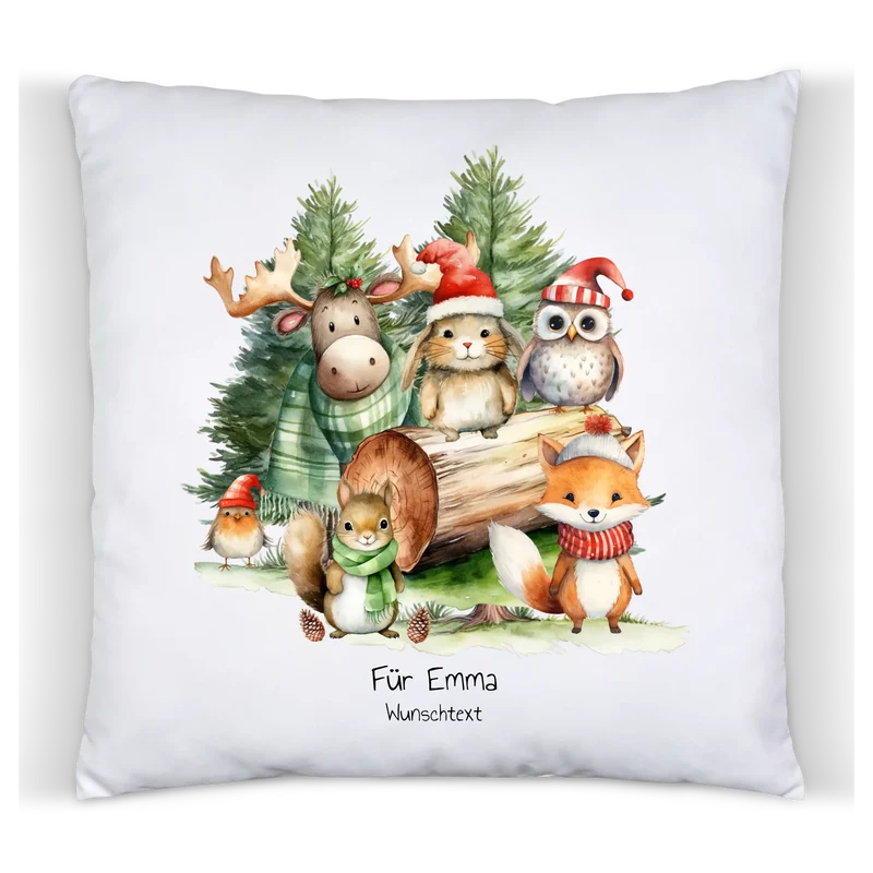Nikolausgeschenk, Weihnachtsgeschenk kuscheliges Kissen Geschenk mit Waldtieren für Mädchen & Junge mit Namen und Wunschtext personalisierbar