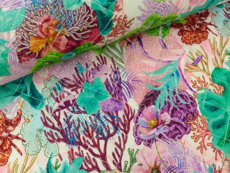 Reststück 104cm - Bambino Musselin Steppstoff Quilt Prachtvolles Blumenmuster smaragd-pink-bunt