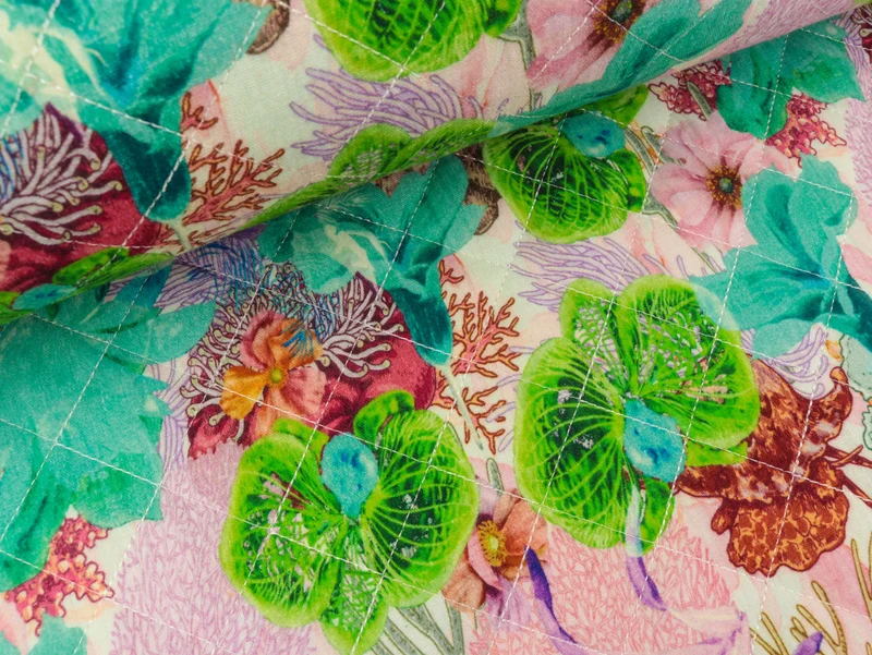 Reststück 104cm - Bambino Musselin Steppstoff Quilt Prachtvolles Blumenmuster smaragd-pink-bunt