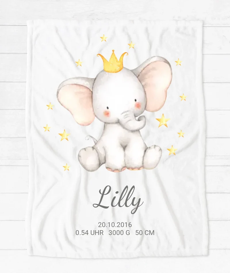 Personalisiertes Babygeschenk - Elefant Geburtsgeschenk Geburtsanzeige Decke - Babydecke Geschenk Geburt - Taufgeschenk