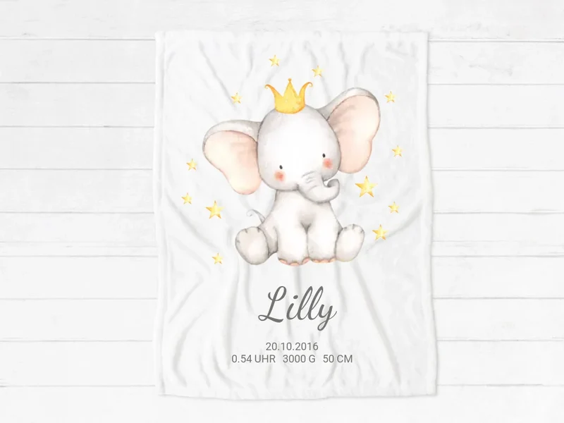 Personalisiertes Babygeschenk - Elefant Geburtsgeschenk Geburtsanzeige Decke - Babydecke Geschenk Geburt - Taufgeschenk