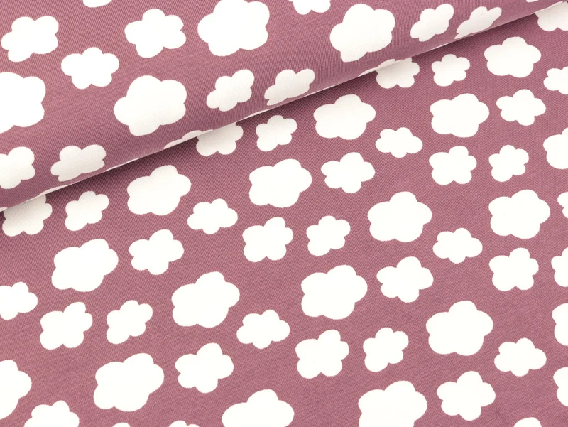 Reststück 88cm - Baumwolljersey Wolken weiß auf Mauve