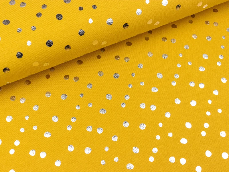 Reststück 40cm - Baumwolljersey Folienprint Dots silber auf Senfgelb