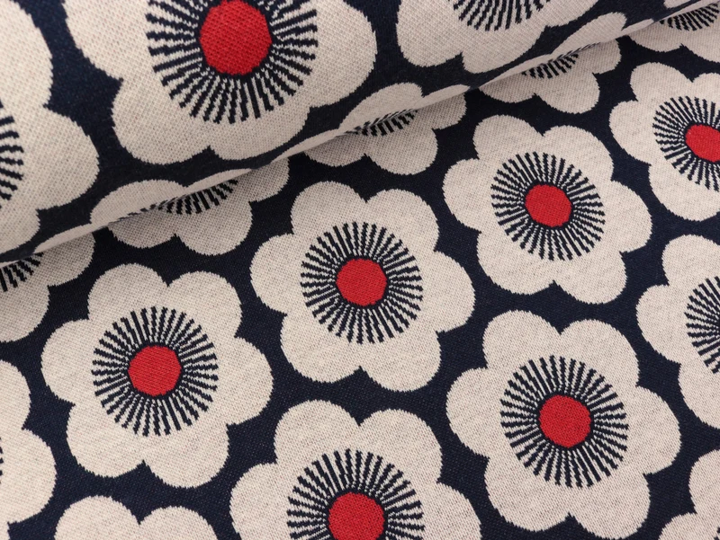 Reststück 12cm - Hamburger Liebe 3 Farb-Jacquardjersey Sakura Nippon Knitted Flowers blue navy-winterweiß-flamme