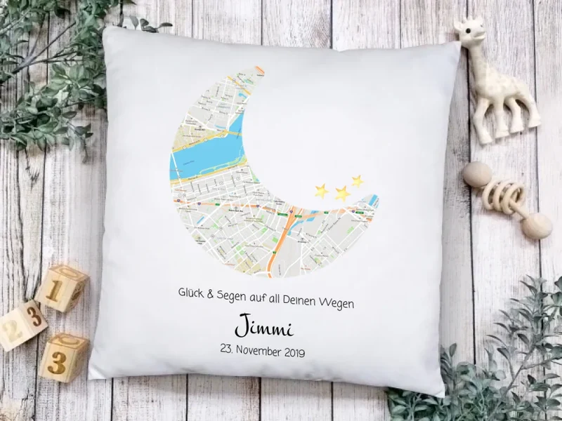Geburtsgeschenk & Taufgeschenk | Babykissen Geschenk | Babygeschenk Kissen im Koordinaten Stadtkarte Design | Kinderkissen