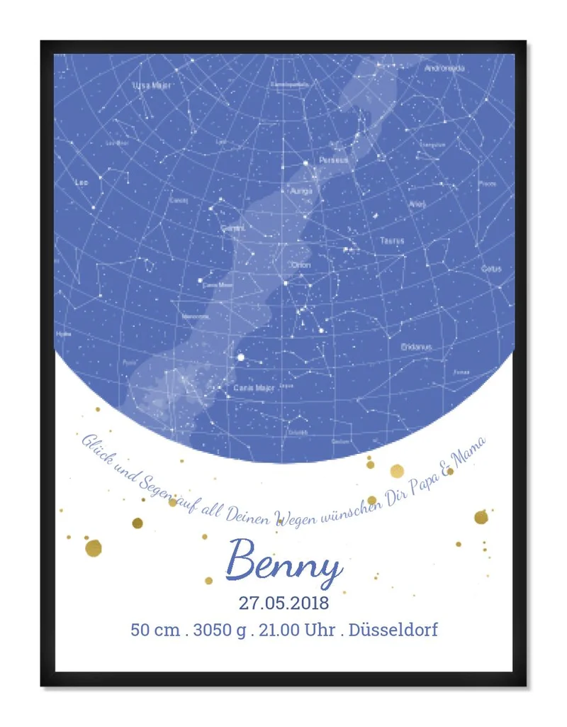 Geburtsgeschenk & Taufgeschenk Poster Geburtsanzeige | Sternenhimmel - Sternkarte Design | Babygeschenk zur Geburt, zur Taufe | Junge
