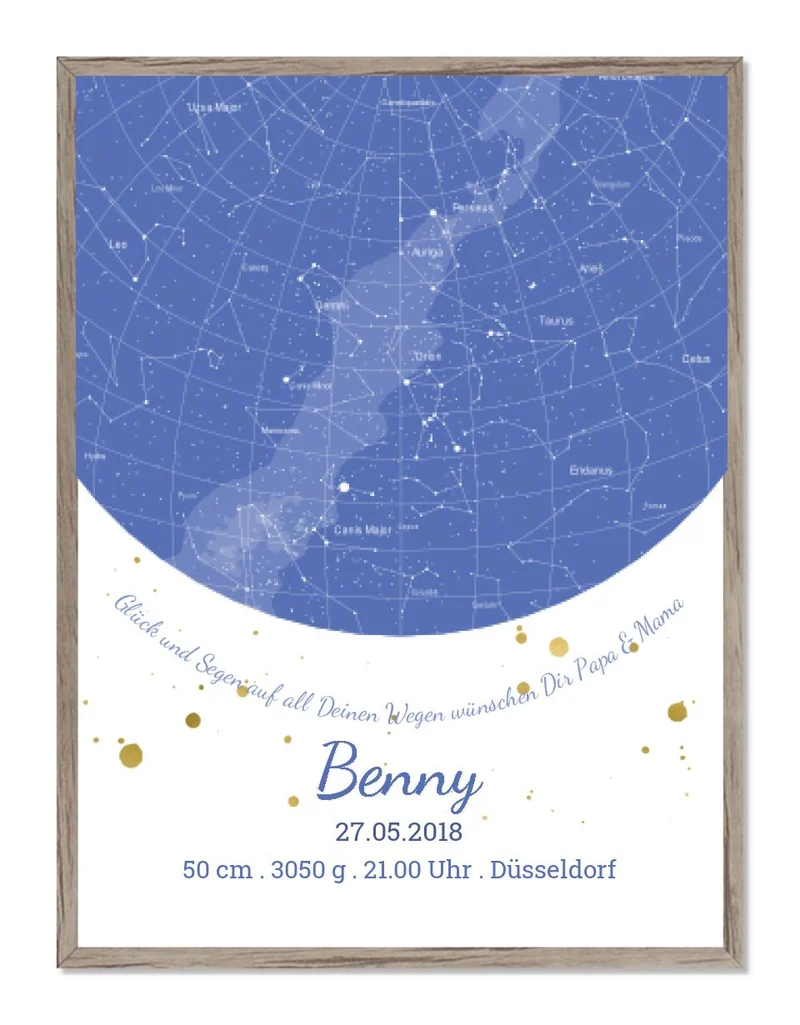 Geburtsgeschenk & Taufgeschenk Poster Geburtsanzeige | Sternenhimmel - Sternkarte Design | Babygeschenk zur Geburt, zur Taufe | Junge