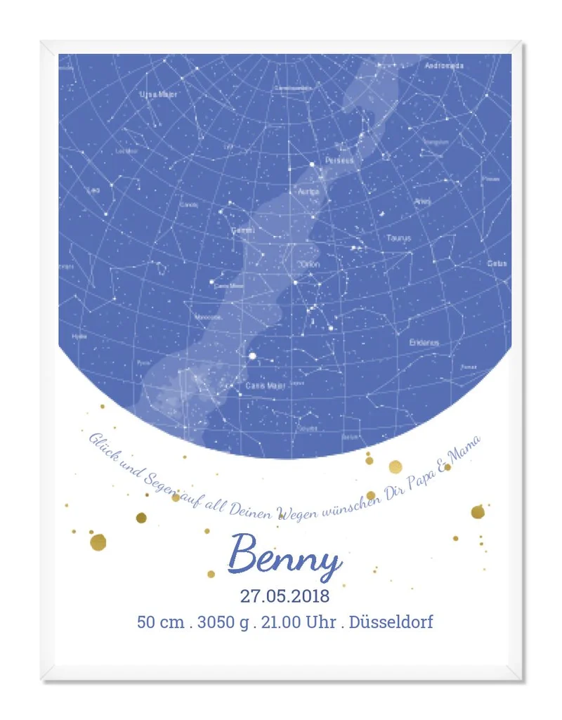 Geburtsgeschenk & Taufgeschenk Poster Geburtsanzeige | Sternenhimmel - Sternkarte Design | Babygeschenk zur Geburt, zur Taufe | Junge