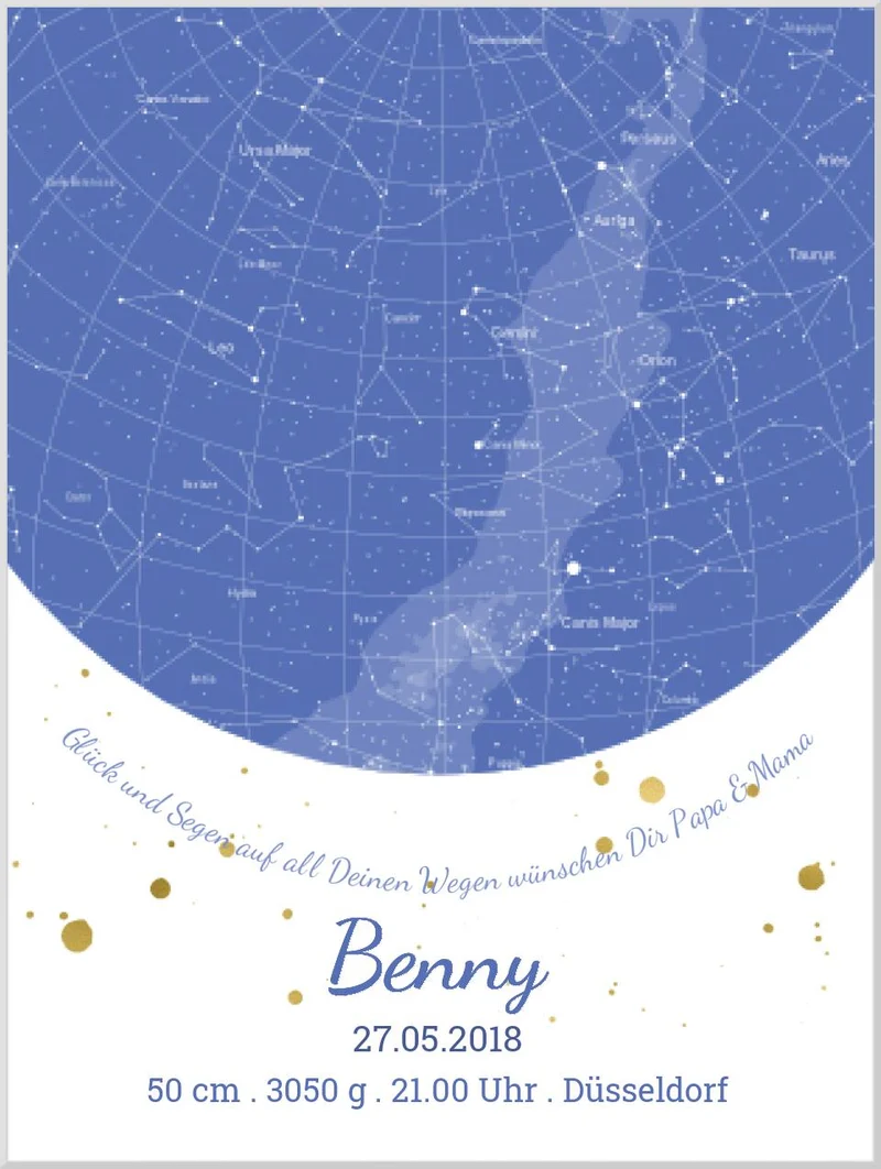 Geburtsgeschenk & Taufgeschenk Poster Geburtsanzeige | Sternenhimmel - Sternkarte Design | Babygeschenk zur Geburt, zur Taufe | Junge