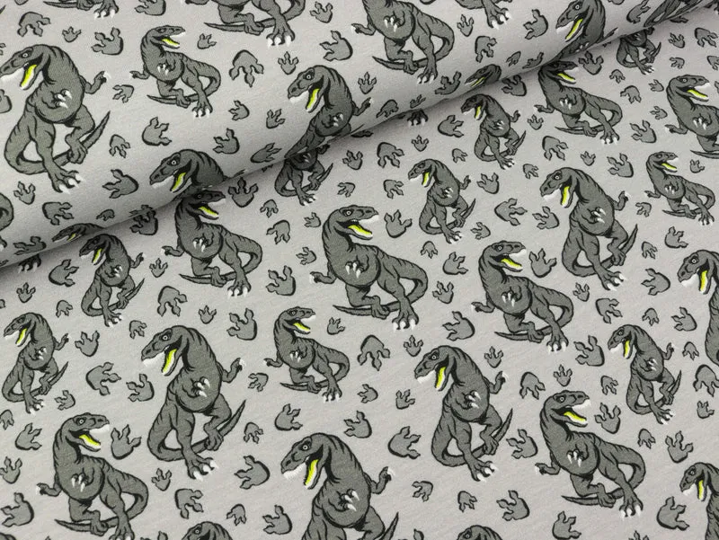Steinbeck Baumwolljersey Dinos Dinosaurier grau-lime auf Hellgrau