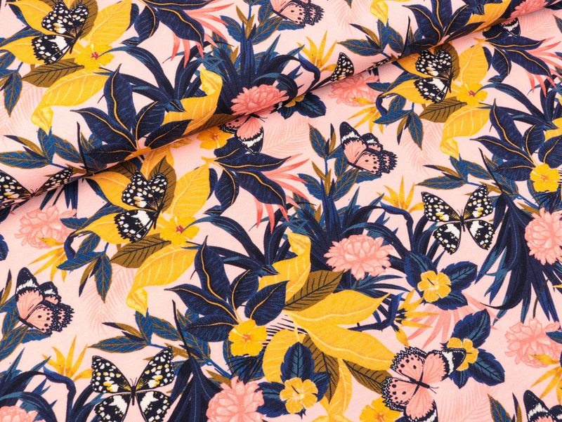 Baumwolljersey Jonne Blumen und Schmetterlinge bunt auf Rosa