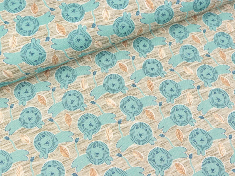 Baumwolljersey Little King Kleiner Löwe mint auf grau meliert