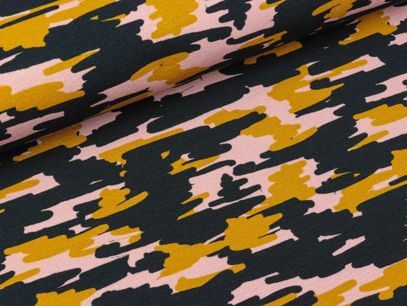French Terry Tinted Camouflage nachtblau-senfgelb-rosa by Cherry Picking