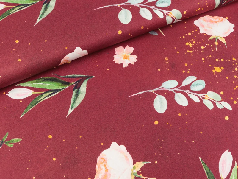 Baumwoll Webware Kim Blumen und Sprenkel goldfarben auf Bordeaux