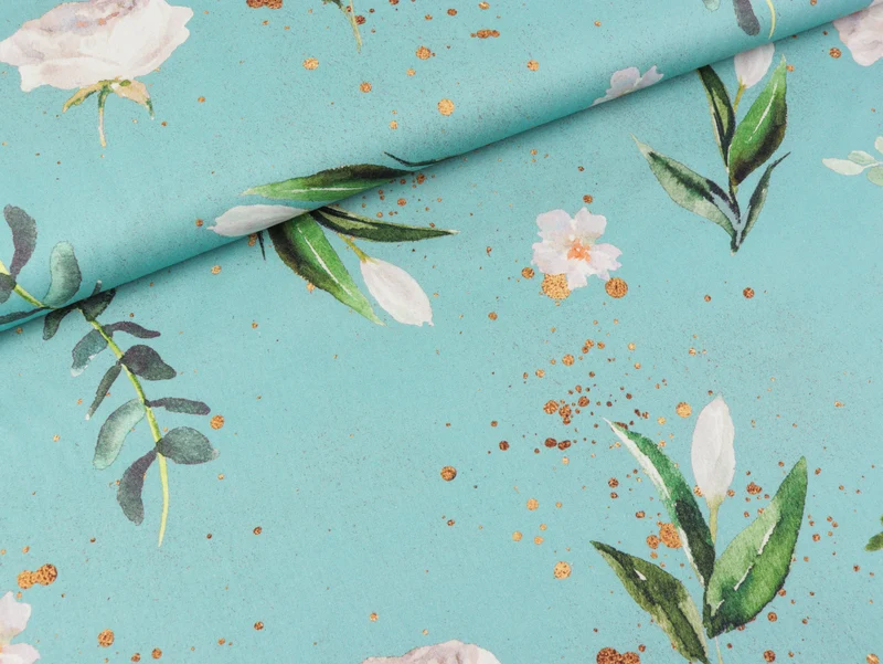 Baumwoll Webware Kim Blumen und Sprenkel goldfarben auf Helltürkis
