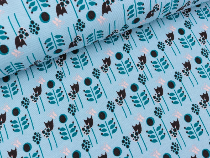 Baumwolljersey Oh Deer! Blumen petrol-schwarz auf Hellblau