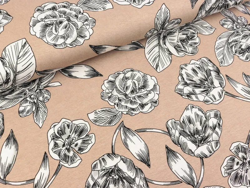 Viskosejersey Blumen weiß-schwarz auf Beige
