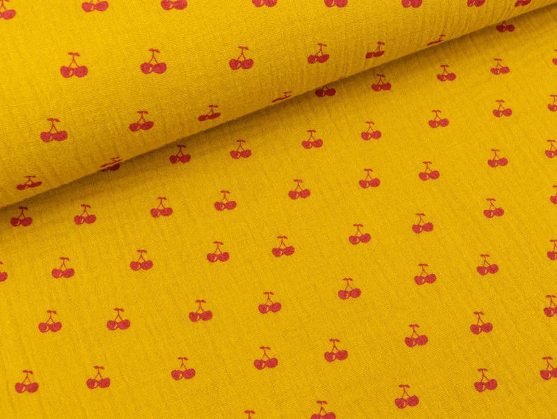 Baumwoll Double Gauze Cherry Pop Kirschen rot auf Senfgelb