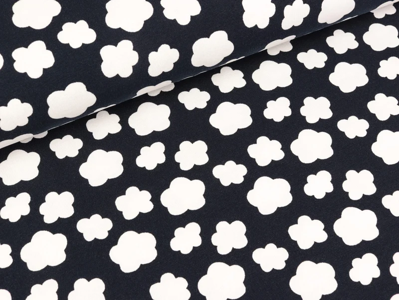 Baumwolljersey Mini Clouds weiß auf Tiefblau