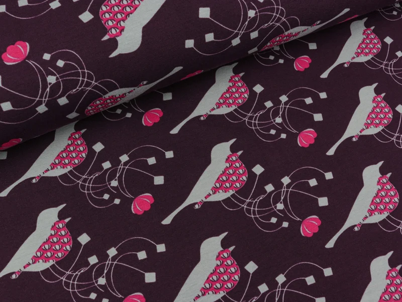 Baumwolljersey Charlotte Vögel pink-hellgrau auf Aubergine
