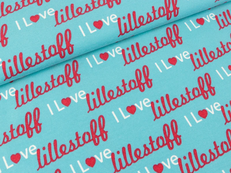 Baumwolljersey I love Lillestoff rot-weiß auf Türkis