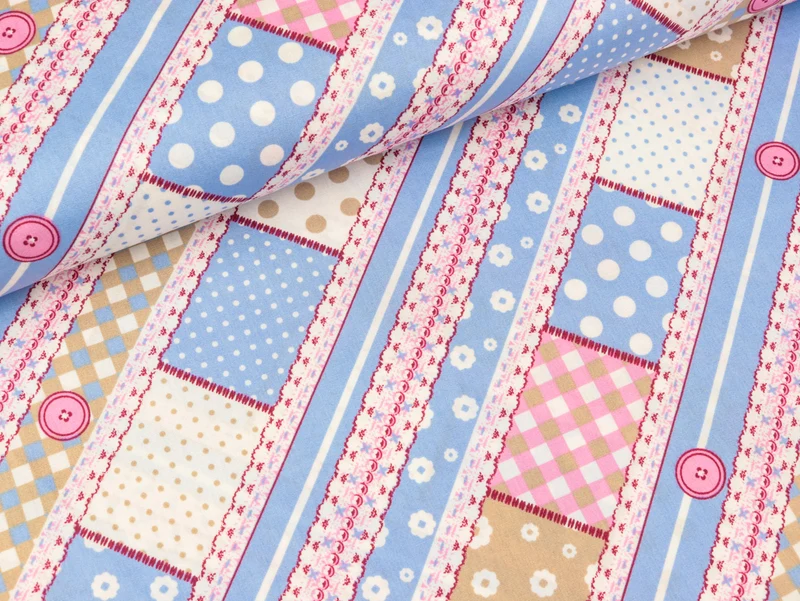 Baumwollstoff Patchworkoptik hellblau-rosa-beige-weiß