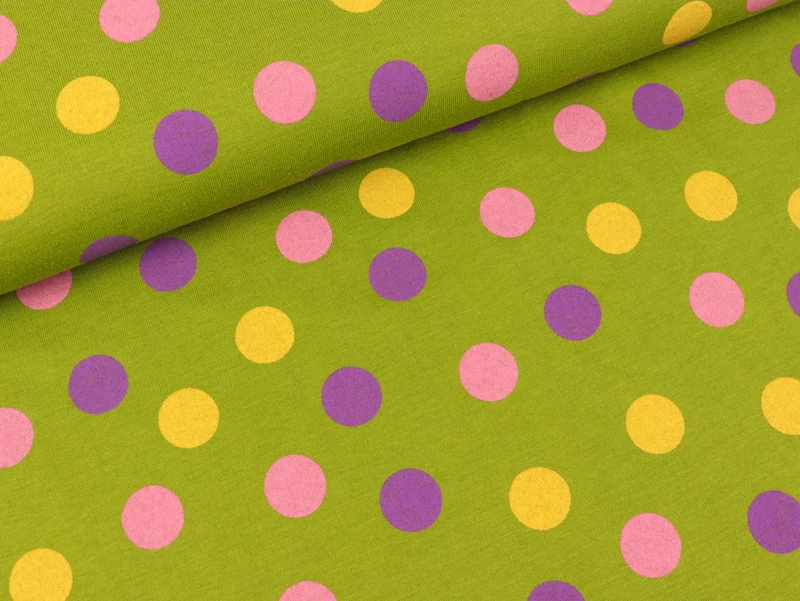 Baumwolljersey Bunte Punkte auf Oliv