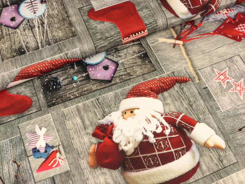 Dekobaumwollstoff Christmas and Wood grau-bunt