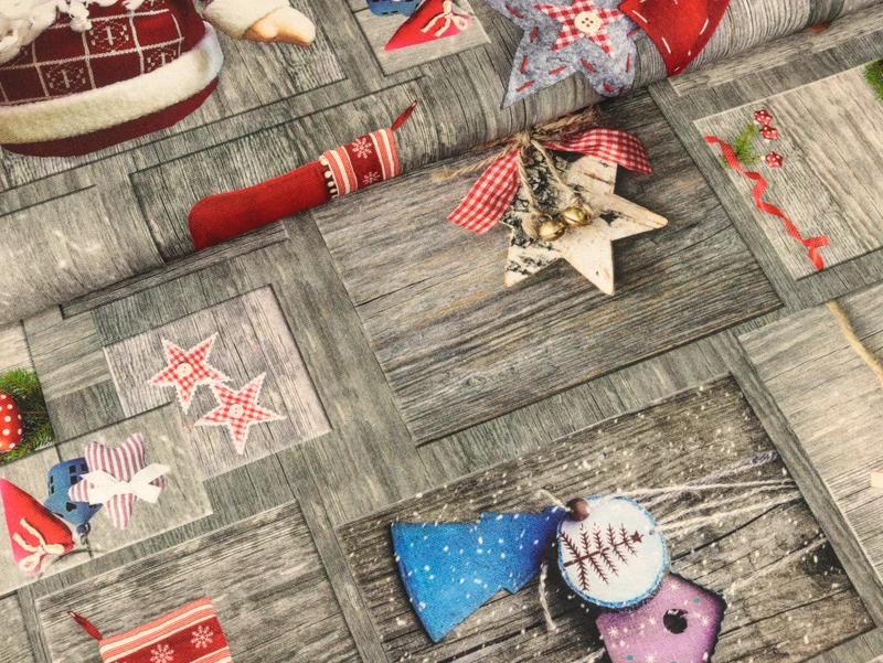 Dekobaumwollstoff Christmas and Wood grau-bunt