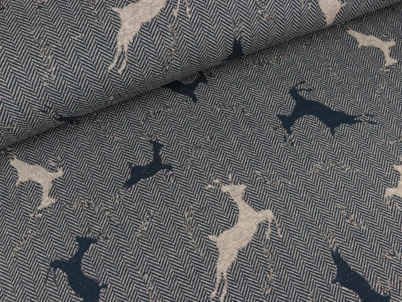 Strickstoff Herringbone Deer dunkelblau-hellgrau Glitzer