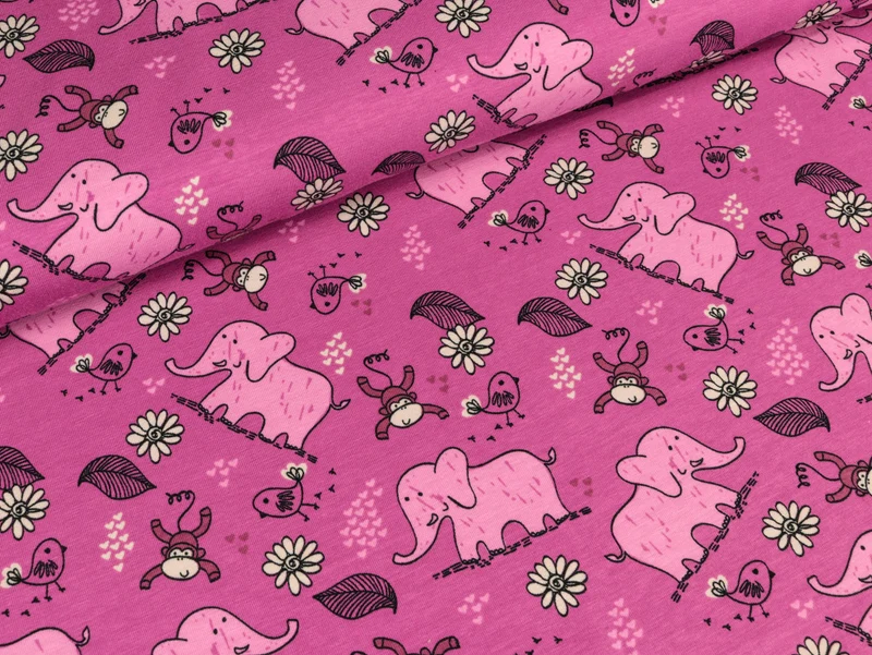 Baumwolljersey Elefanten und Äffchen pink
