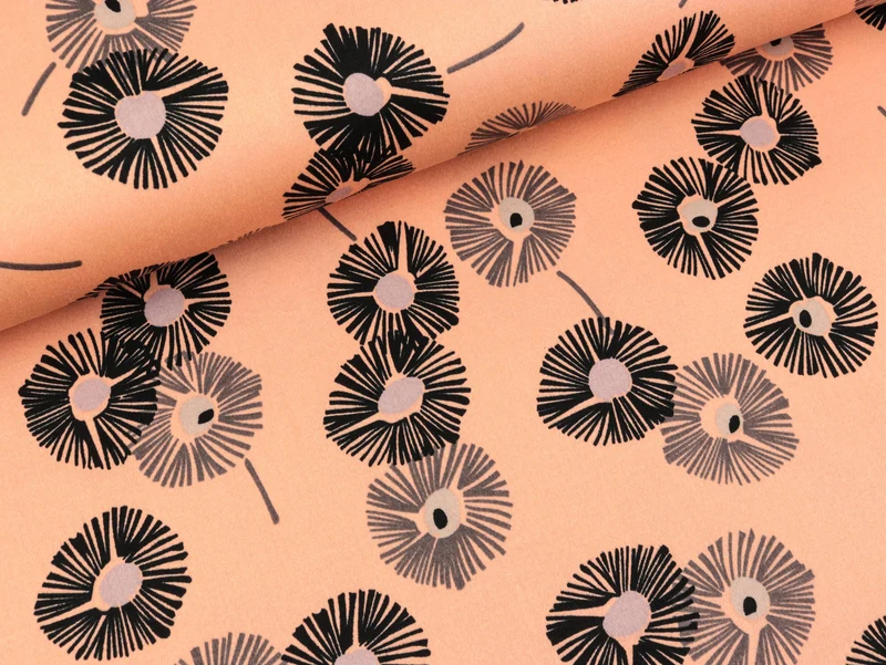 Baumwollsatin Blumen schwarz-taupe auf Apricot