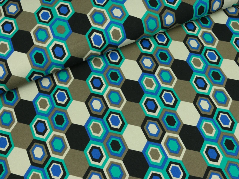 Baumwolljersey Vera Bunte Hexagons auf Khaki