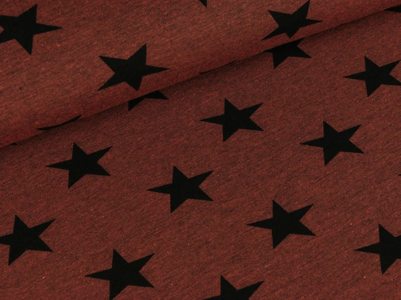 Baumwolljersey Kito Sterne schwarz auf terracotta meliert